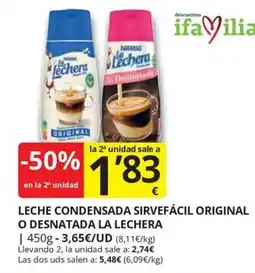 Supermercados MAS La Lechera leche condensada sirvefácil original o desnatada oferta