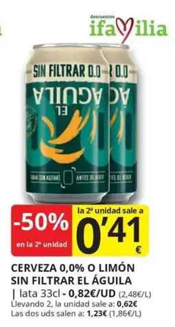 Supermercados MAS el águila cerveza 0,0% o limón sin filtrar oferta