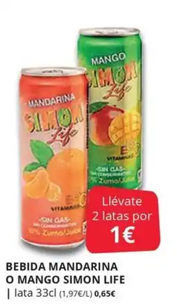 Supermercados MAS Simon Life bebida mandarina o mango oferta
