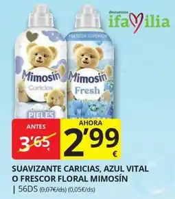 Supermercados MAS Mimosin suavizante caricias azul vital o frescor floral mimosin oferta
