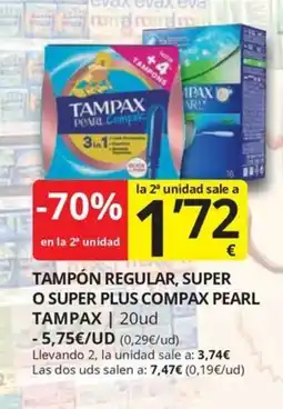 Supermercados MAS Tampax tampón regular super o super plus compax pearl oferta