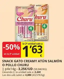 Supermercados MAS Churu snack gato creamy atún salmón o pollo oferta