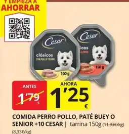 Supermercados MAS Cesar comida perro pollo, paté buey o senior +10 oferta