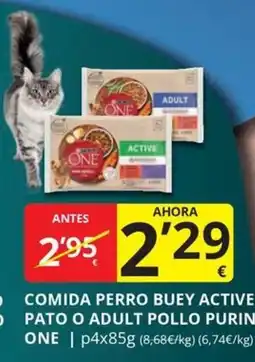 Supermercados MAS One comida perro buey active pato o adult pollo purin oferta