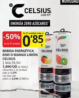 Supermercados MAS Celsius bebida energética kiwi o mango limón oferta