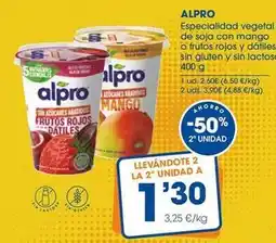 Supermercados Plaza Alpro - especialidad vegetal de soja con mango o frutos rojos y datiles sin gluten y sin lactosa oferta