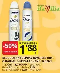 Supermercados MAS Dove - desodorante spray invisible dry, original o fresh advanced oferta