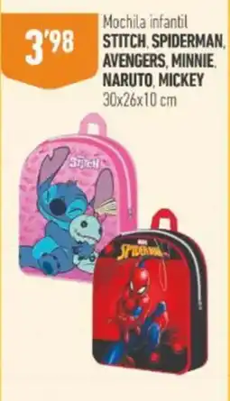 Supermercados Deza Mochila infantil STITCH, SPIDERMAN, AVENGERS, MINNIE, NARUTO, MICKEY oferta