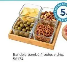 Tiendas MGI Bandeja bambu 4 boles vidrio oferta