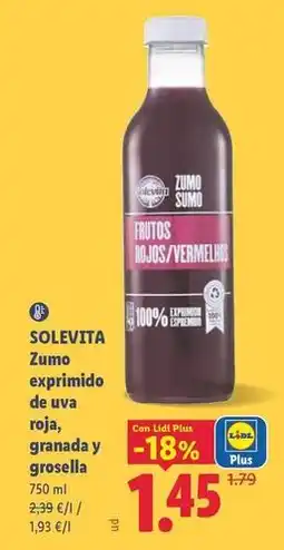 Lidl Solevita - zumo exprimido de eva roja, granada y grosella oferta