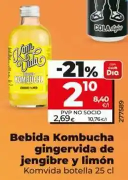 Dia Supermercados Komvida bebida kombucha gingervida de jengibre y limón oferta