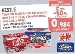Supermercados Lupa Nestlé Yogur mix-in dúo kit-kat ball crunchy, smarties fresa oferta