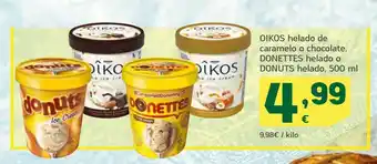 HiperDino Oikos helado de caramenlo o chocolate donnetes helado o donuts helado , 500 ml oferta