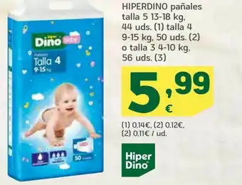 HiperDino Pañales tallas 5 13-18 kg. 44 uds (1) talla 4 9-15 kg .50 uds (2) o talla 3 4-10 kg. 56 uds (3) hiperdino oferta