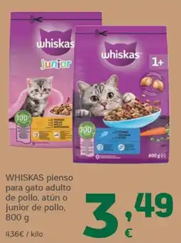HiperDino whiskas pienso para gato adulto de pollo, atún o junior de pollo oferta