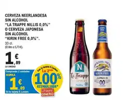 E.Leclerc Cerveza neerlandesa sin alcohol la trappe nillis 0,0% o cerveza japonesa sin alcohol kirin free 0,0% oferta