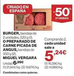 El Corte Inglés Miguel vergara - burger, bandeja de 2 unidades, o preparado de carne picada de angus, bandeja de oferta
