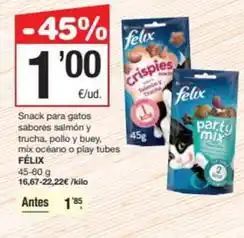 SPAR Fragadis Felix - snack para gatos sabores salmon y trucha, pollo y buey, mix oceano o play tubes oferta