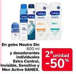 Carrefour Sanex En geles Neutro Sin y desodorantes individuales Extra Control, Invisible, Sensitive y Men Active oferta