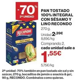 El Corte Inglés Recondo pan tostado 100% integral con sésamo y lino oferta