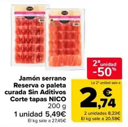 Carrefour Jamón serrano Reserva o paleta curada Sin Aditivos Corte tapas NICO oferta