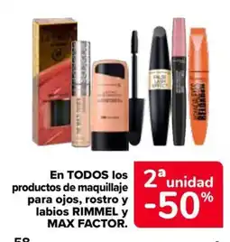Carrefour Rimmel y max factor productos de maquillaje para ojos, rostro y labios oferta