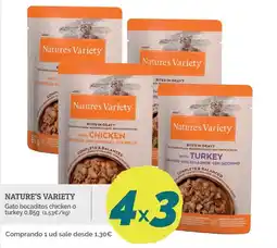 Supermercados MAS Nature's Variety Gato bocaditos chicken o turkey oferta