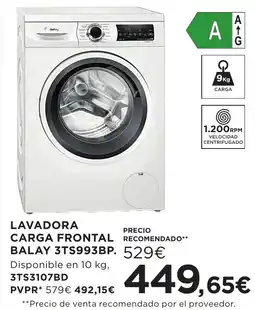 Hipercor Balay lavadora carga frontal 3ts993bp oferta
