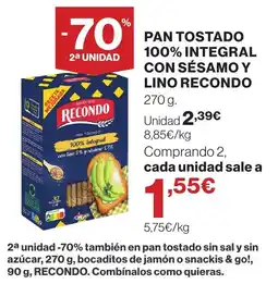 Hipercor Recondo pan tostado 100% integral con sésamo y lino oferta