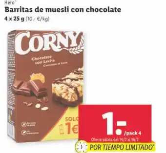 Lidl Hero Barritas de muesli con chocolate 4 x 25g oferta