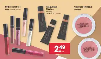 Lidl Brillo de labios 10ml/Maquillaje liquiod 30ml/ Colorete en polvo oferta