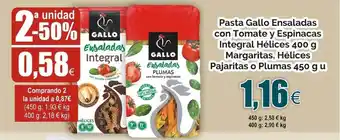 FROIZ Pasta Gallo Ensaladas con Tomate y Espinacas Integral Hélices 400 g Margaritas, Hélices Pajaritas o Plumas 450 g u oferta