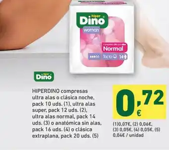 HiperDino Hiperdino Compresas Ultra Alas O Clásica Noche Ultra Alas Super Pack 12 Uds Ultra Alas Normal O Anatómica Sin Alas O Clásica oferta