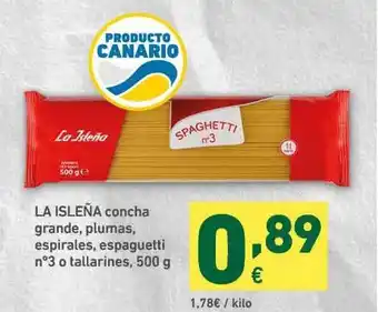 HiperDino La Isleña Concha Grande Plumas Espirales Espaguetti N°3 O Tallarines 500g oferta