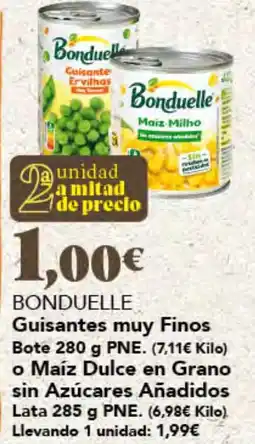 Gadis Bonduelle guisantes muy finos o maíz dulce en grano sin azúcares añadidos oferta