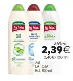 Supermercados Aquí La Toja gel de ducha aloe vera, gel de ducha sales minerales, gel + body milk oferta
