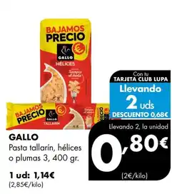 Supermercados Lupa Gallo pasta tallarín, hélices o plumas oferta