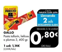 Supermercados Lupa Gallo pasta tallarin, helices o plumas oferta