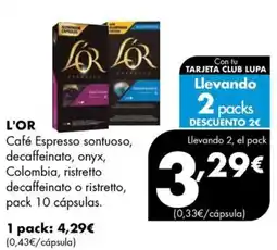 Supermercados Lupa L'OR Café Espresso sontuoso, decafeinado, onyx, Colombia, ristretto, decafeinado o ristretto oferta