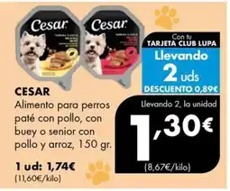 Supermercados Lupa Cesar alimento para perros paté con pollo, con buey o senior con pollo y arroz oferta