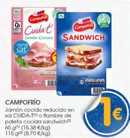 Supermercados Plaza Campofrío jamón cocido reducido en sal cuida-t o fiambre de paleta cocida sandwich oferta