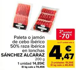 Carrefour Sánchez Alcaraz paleta o jamón de cebo ibérico 50% raza ibérica en lonchas oferta