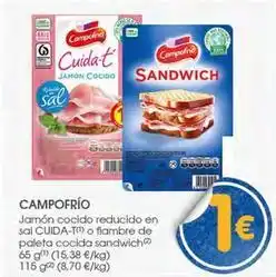 Supermercados Plaza Campofrío - jamon cocido reducido en sal cuida-t o fiambre de paleta cocida sandwich oferta