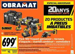 Obramat Dewalt - pack 18v trepant percussor + fornavis d'âmpacte + martell combinat + esmoladora oferta