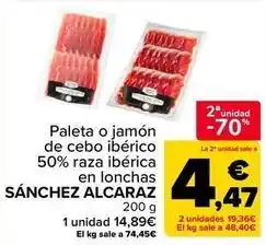 Carrefour Sánchez alcaraz - paleta o jamón de cebo ibérico 50% raza ibérica en lonchas oferta