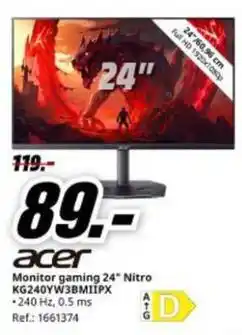 MediaMarkt Acer - monitor gaming 24 nitro kg240yw3bmipx oferta