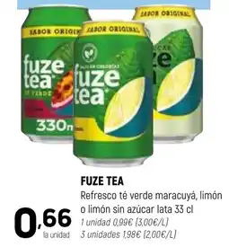 Coviran Fuze Tea refresco té verde maracuyá, limón o limón sin azúcar oferta
