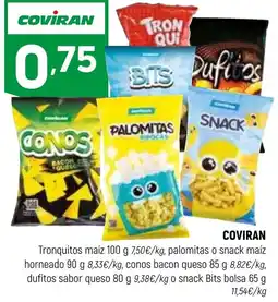 Coviran Coviran tronquitos maiz palomitas o snack maiz horneado conos bacon queso dufitos sabor queso snack bits bolsa oferta