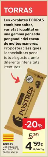 Caprabo Torras cobertura de xocolata 70% caca oferta