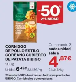 Hipercor Bibigo corn dog de pollo estilo coreano cubierto de patata oferta